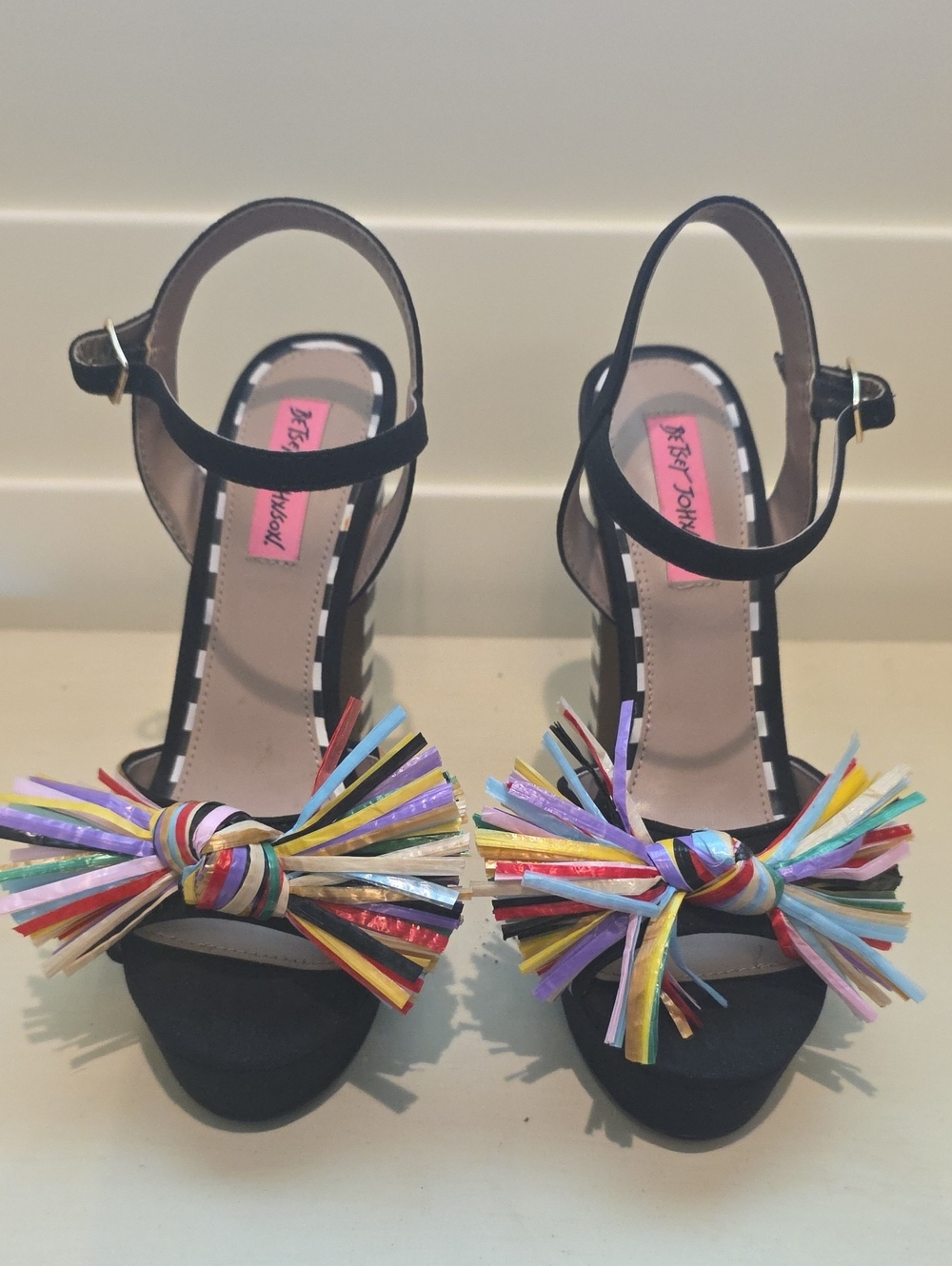 Betsey Johnson Black Sandals with Rainbow Fringe Bow - Picture 2 of 4